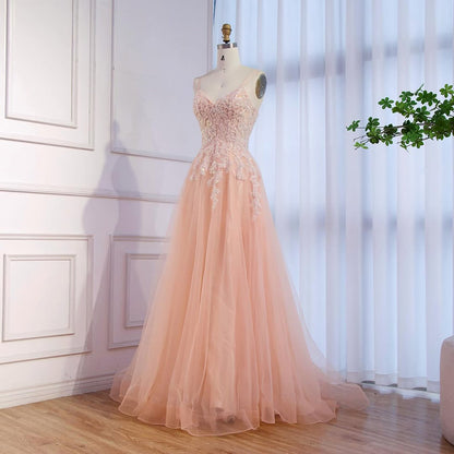 Luxury Peach Beaded Appliques A-Line Prom Dress LA73578