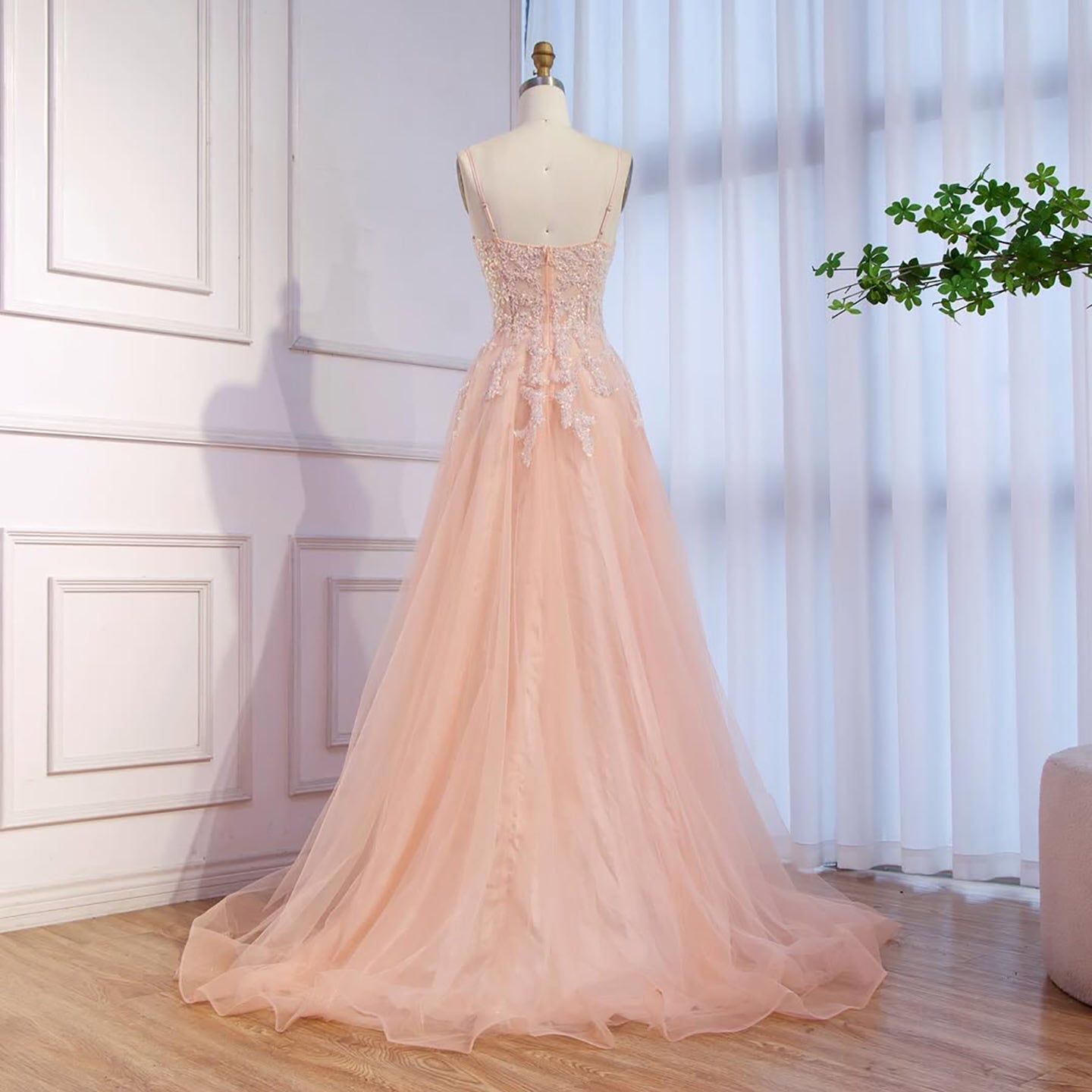 Luxury Peach Beaded Appliques A-Line Prom Dress LA73578