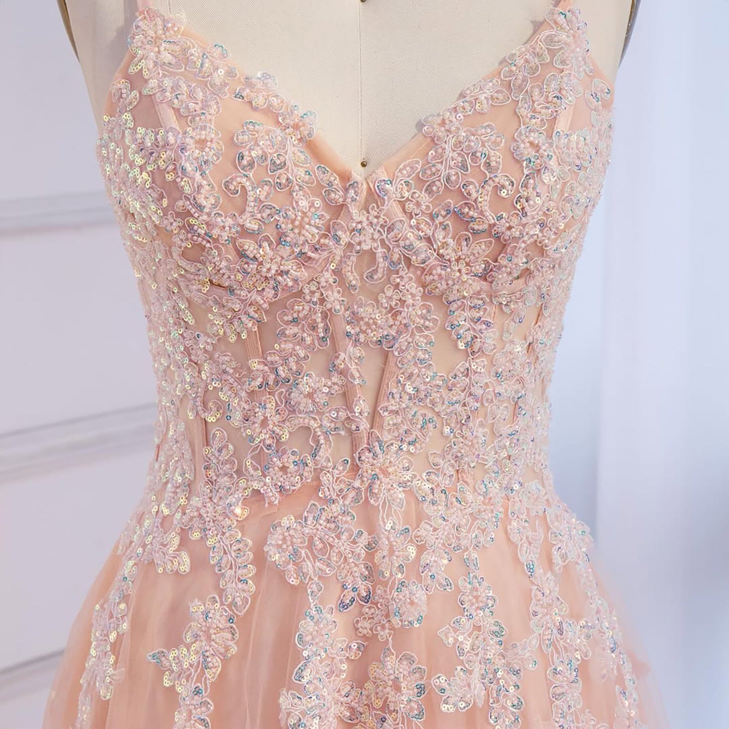 Luxury Peach Beaded Appliques A-Line Prom Dress LA73578