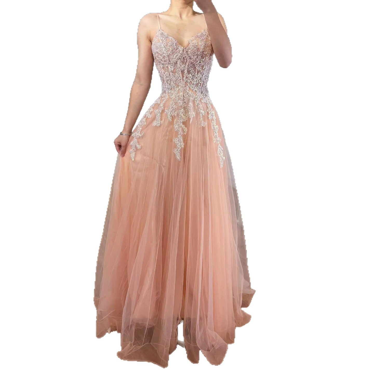 Luxury Peach Beaded Appliques A-Line Prom Dress LA73578