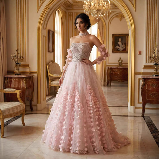 Luxury Pink Crystal Beaded 3D Floral Ball Gown Evening Dress LA73579