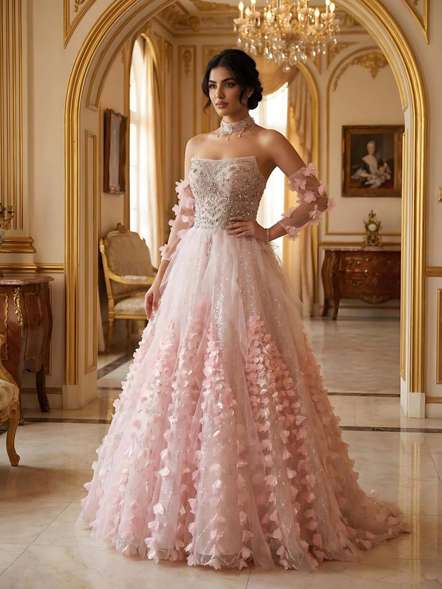 Luxury Pink Crystal Beaded 3D Floral Ball Gown Evening Dress LA73579