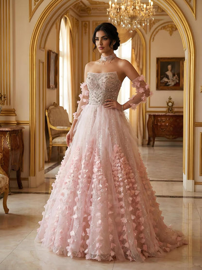 Luxury Pink Crystal Beaded 3D Floral Ball Gown Evening Dress LA73579