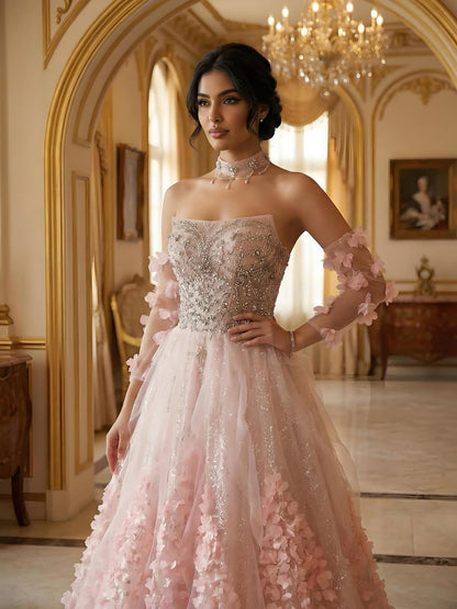 Luxury Pink Crystal Beaded 3D Floral Ball Gown Evening Dress LA73579