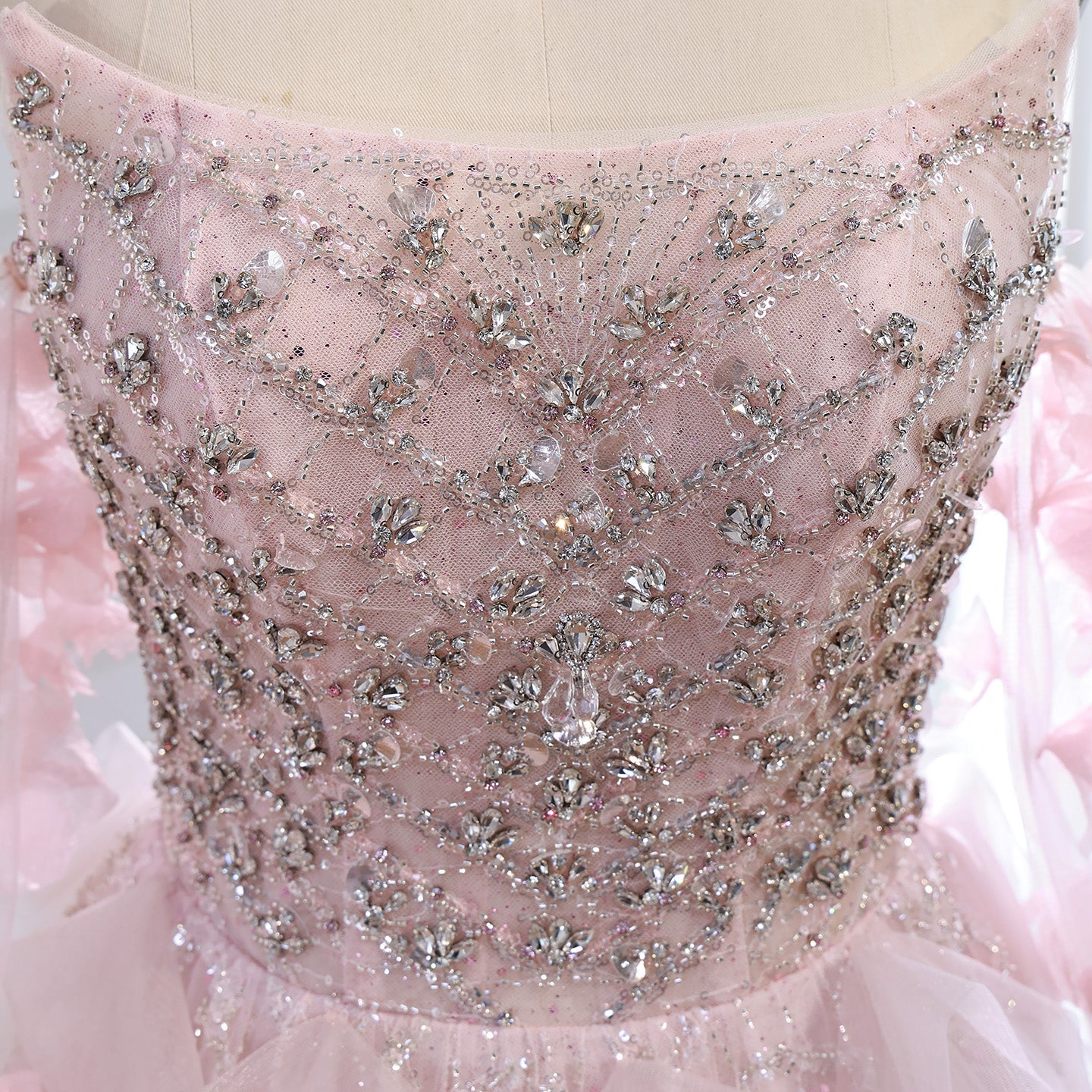 Luxury Pink Crystal Beaded 3D Floral Ball Gown Evening Dress LA73579