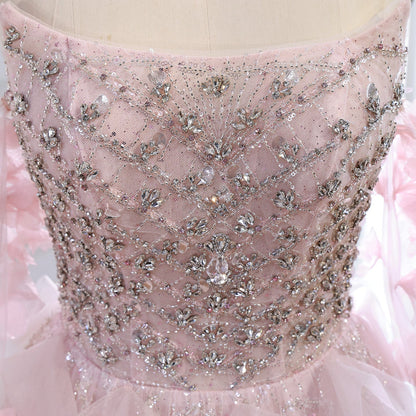Luxury Pink Crystal Beaded 3D Floral Ball Gown Evening Dress LA73579