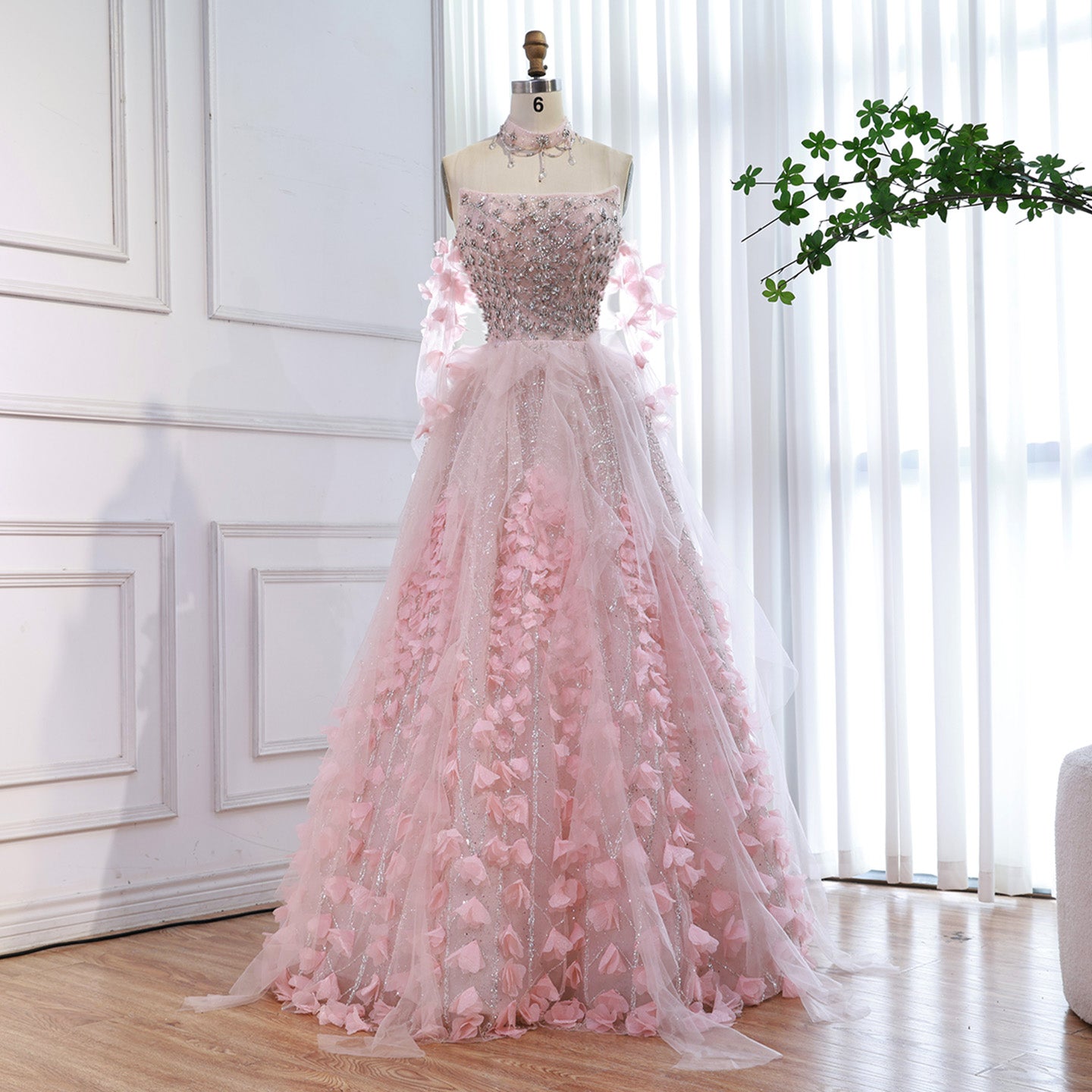 Luxury Pink Crystal Beaded 3D Floral Ball Gown Evening Dress LA73579