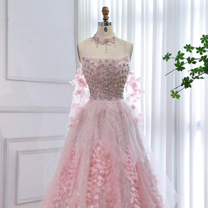 Luxury Pink Crystal Beaded 3D Floral Ball Gown Evening Dress LA73579