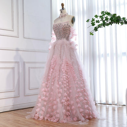 Luxury Pink Crystal Beaded 3D Floral Ball Gown Evening Dress LA73579