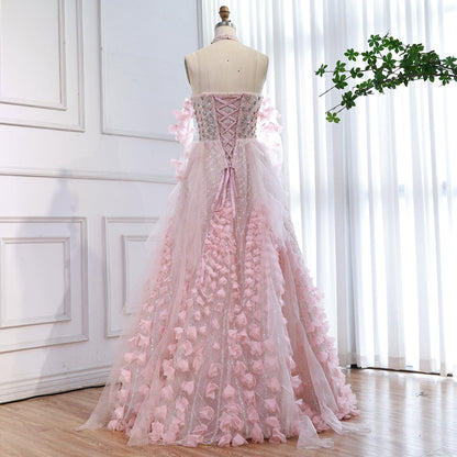 Luxury Pink Crystal Beaded 3D Floral Ball Gown Evening Dress LA73579