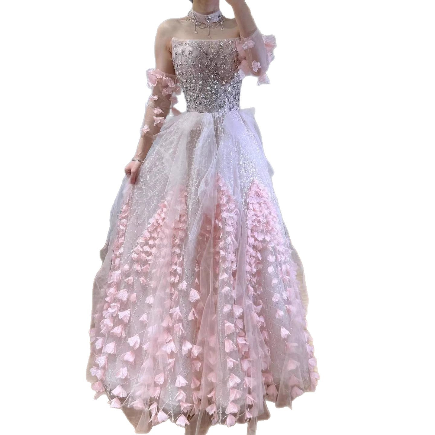 Luxury Pink Crystal Beaded 3D Floral Ball Gown Evening Dress LA73579