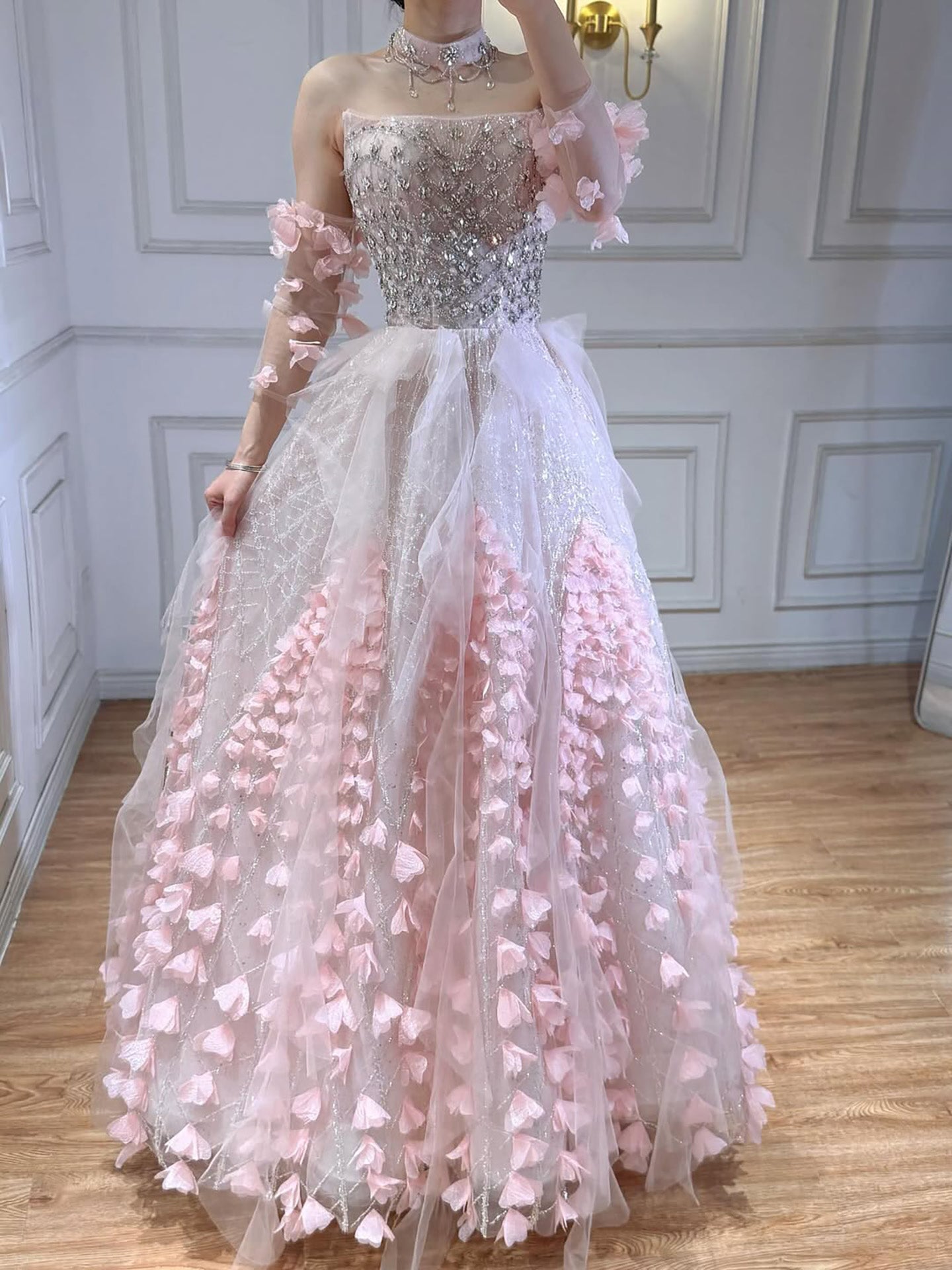 Luxury Pink Crystal Beaded 3D Floral Ball Gown Evening Dress LA73579