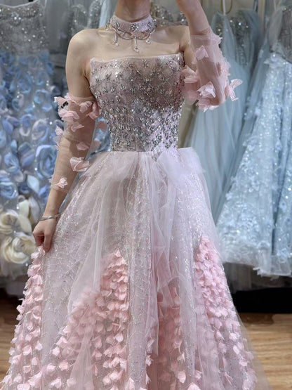 Luxury Pink Crystal Beaded 3D Floral Ball Gown Evening Dress LA73579