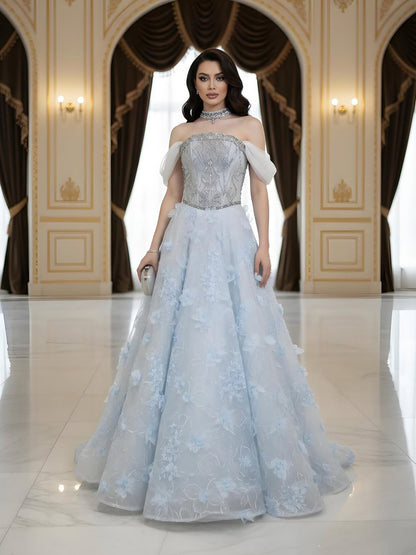 Luxury Blue Beaded 3D Floral Off Shoulder A Line Evening Dress LA73580