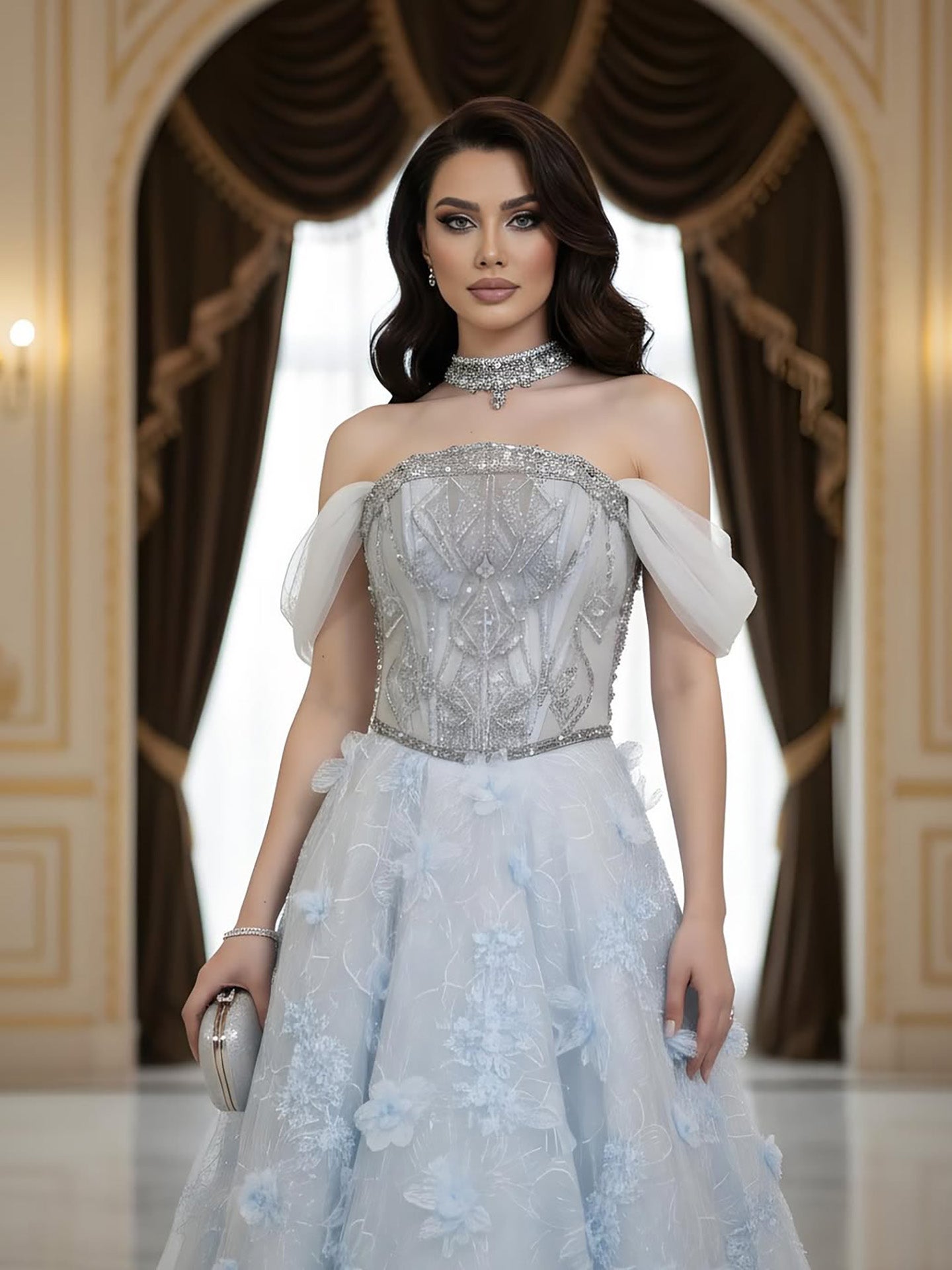 Luxury Blue Beaded 3D Floral Off Shoulder A Line Evening Dress LA73580