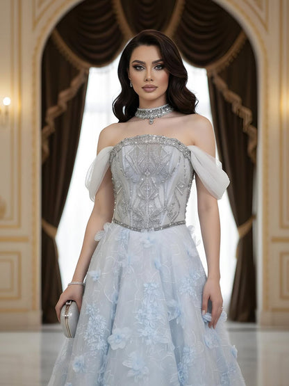 Luxury Blue Beaded 3D Floral Off Shoulder A Line Evening Dress LA73580