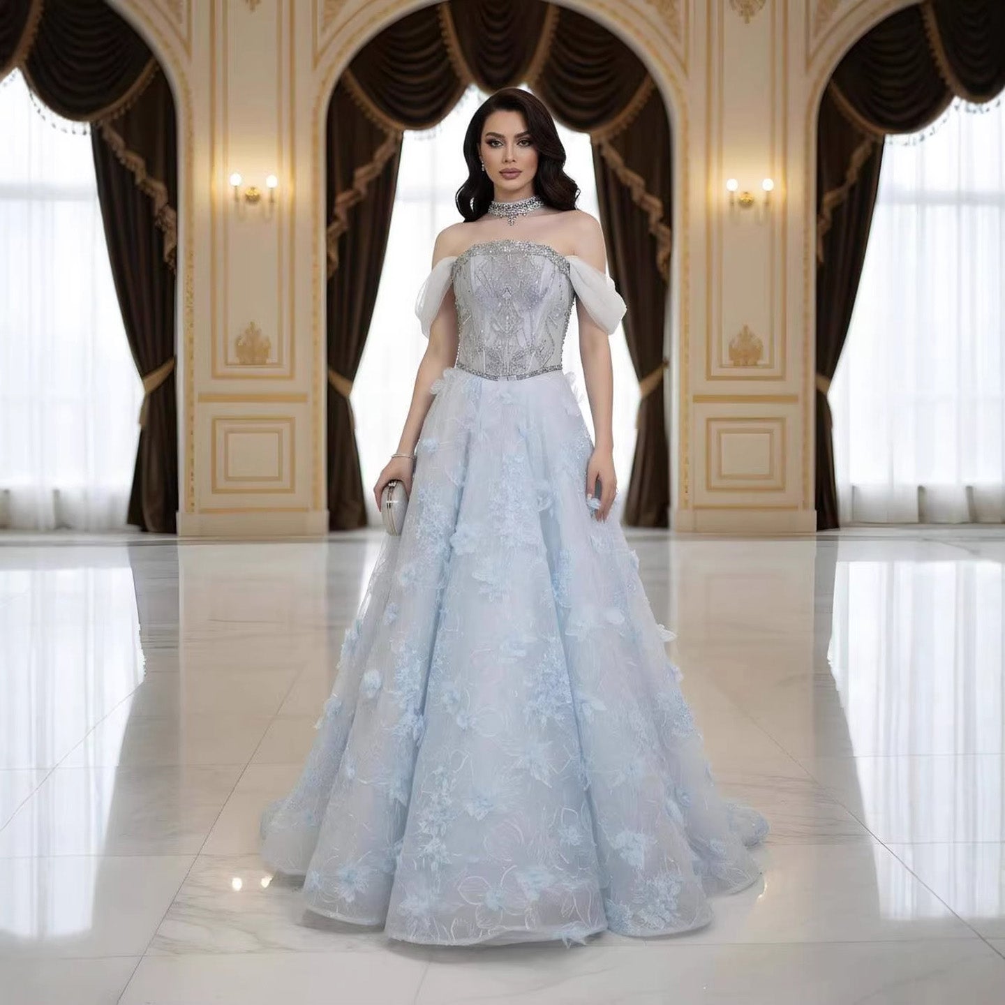 Luxury Blue Beaded 3D Floral Off Shoulder A Line Evening Dress LA73580