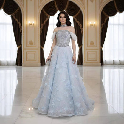 Luxury Blue Beaded 3D Floral Off Shoulder A Line Evening Dress LA73580