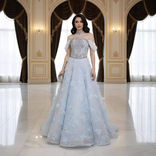 Luxury Blue Beaded 3D Floral Off Shoulder A Line Evening Dress LA73580