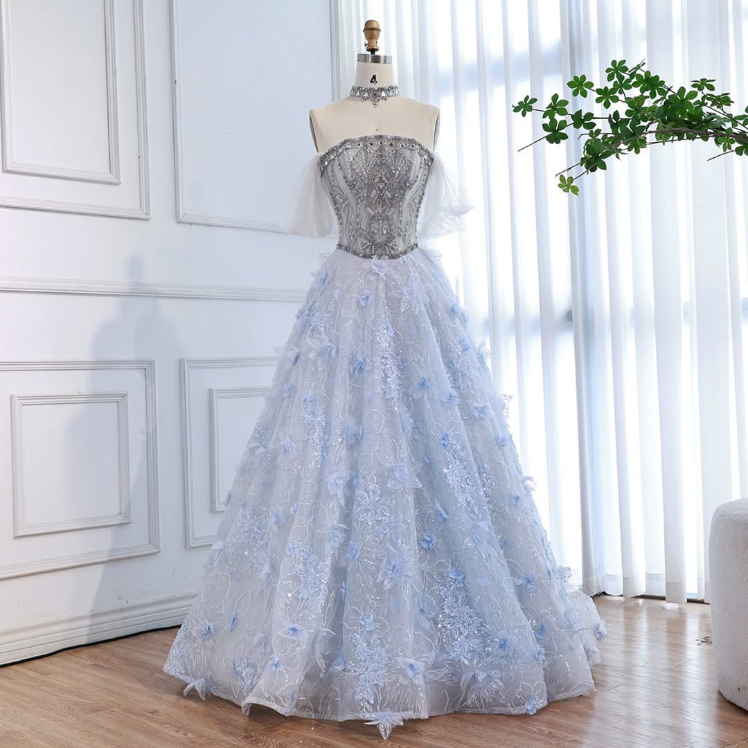 Luxury Blue Beaded 3D Floral Off Shoulder A Line Evening Dress LA73580