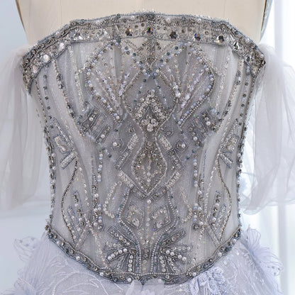 Luxury Blue Beaded 3D Floral Off Shoulder A Line Evening Dress LA73580