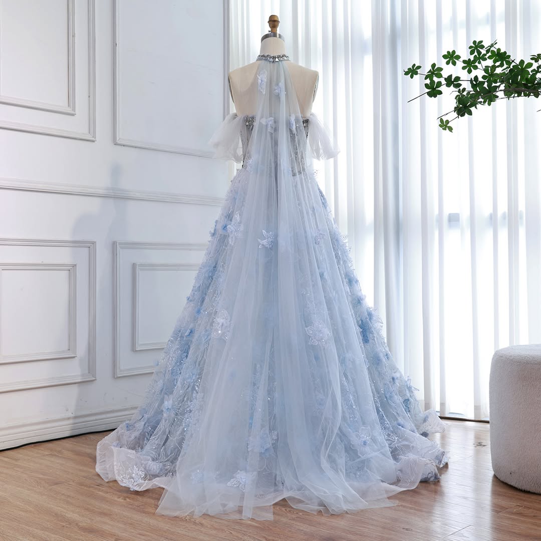 Luxury Blue Beaded 3D Floral Off Shoulder A Line Evening Dress LA73580