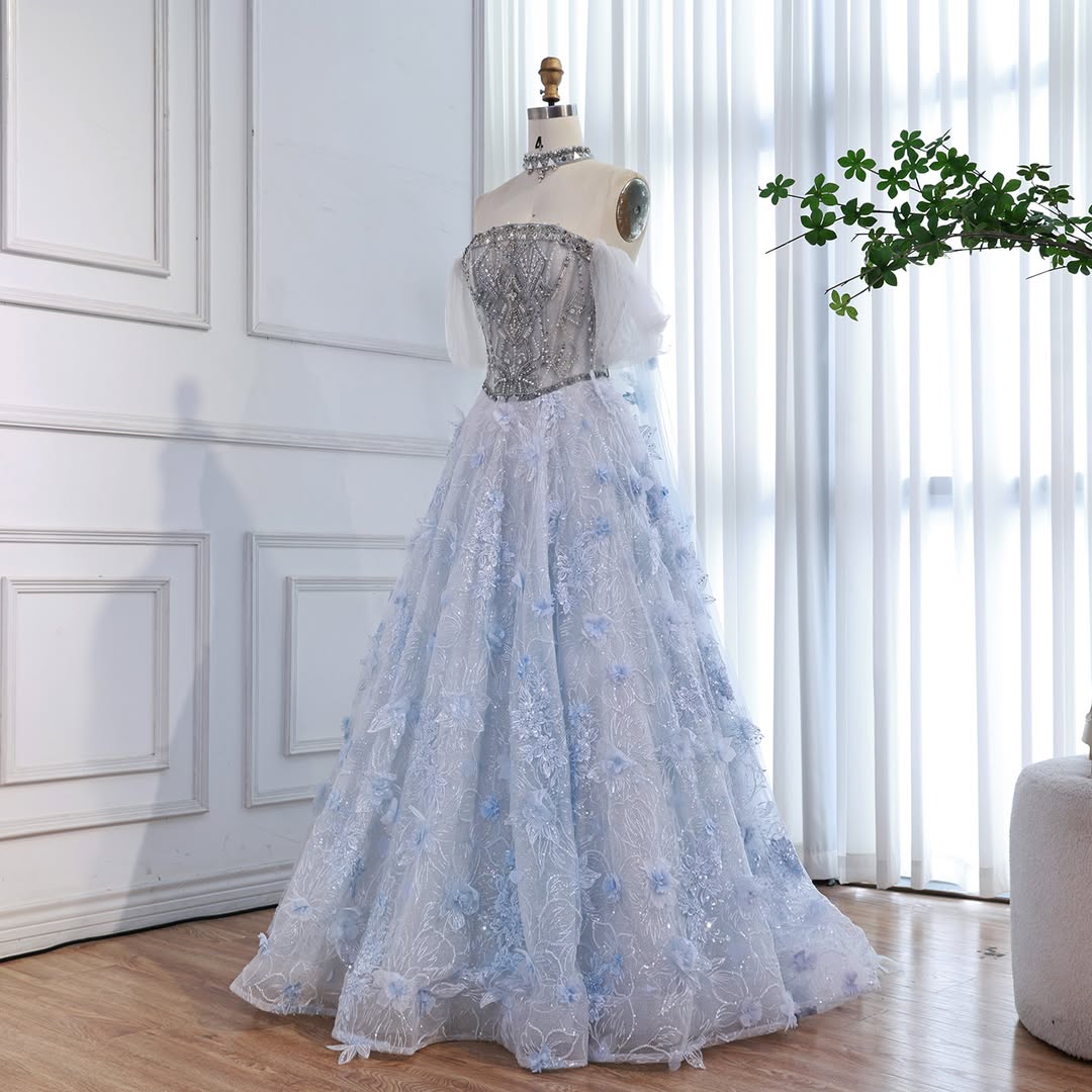 Luxury Blue Beaded 3D Floral Off Shoulder A Line Evening Dress LA73580