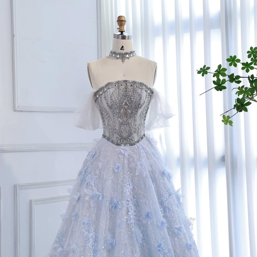 Luxury Blue Beaded 3D Floral Off Shoulder A Line Evening Dress LA73580