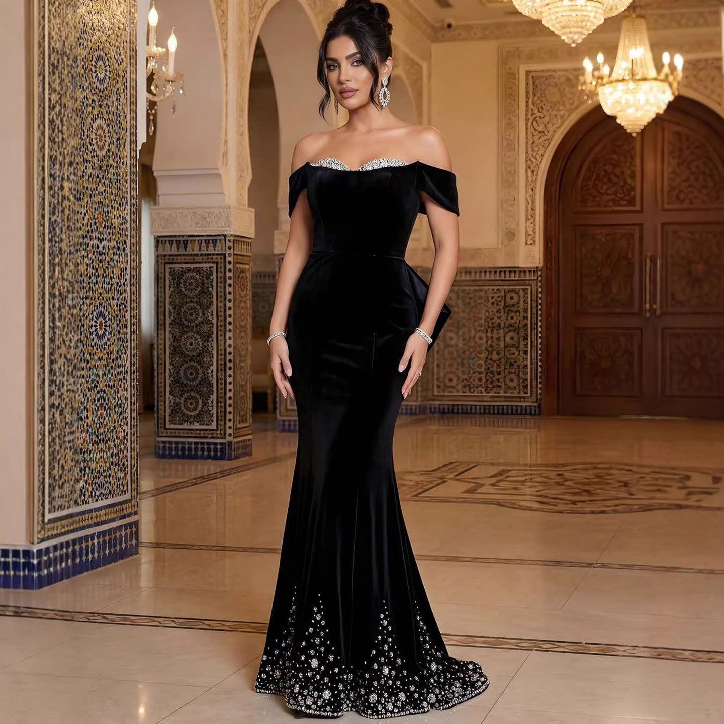 Luxury Black Off Shoulder Mermaid Evening Dress with Bow LA73581