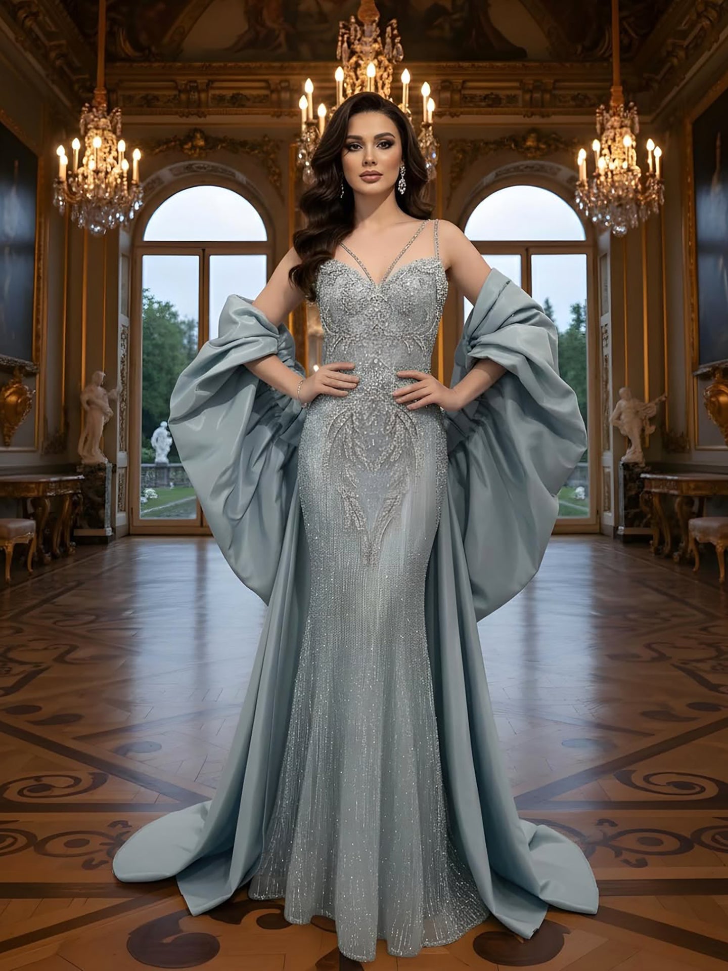 Luxury Turquoise Beaded Mermaid Evening Dress With Cape LA73582