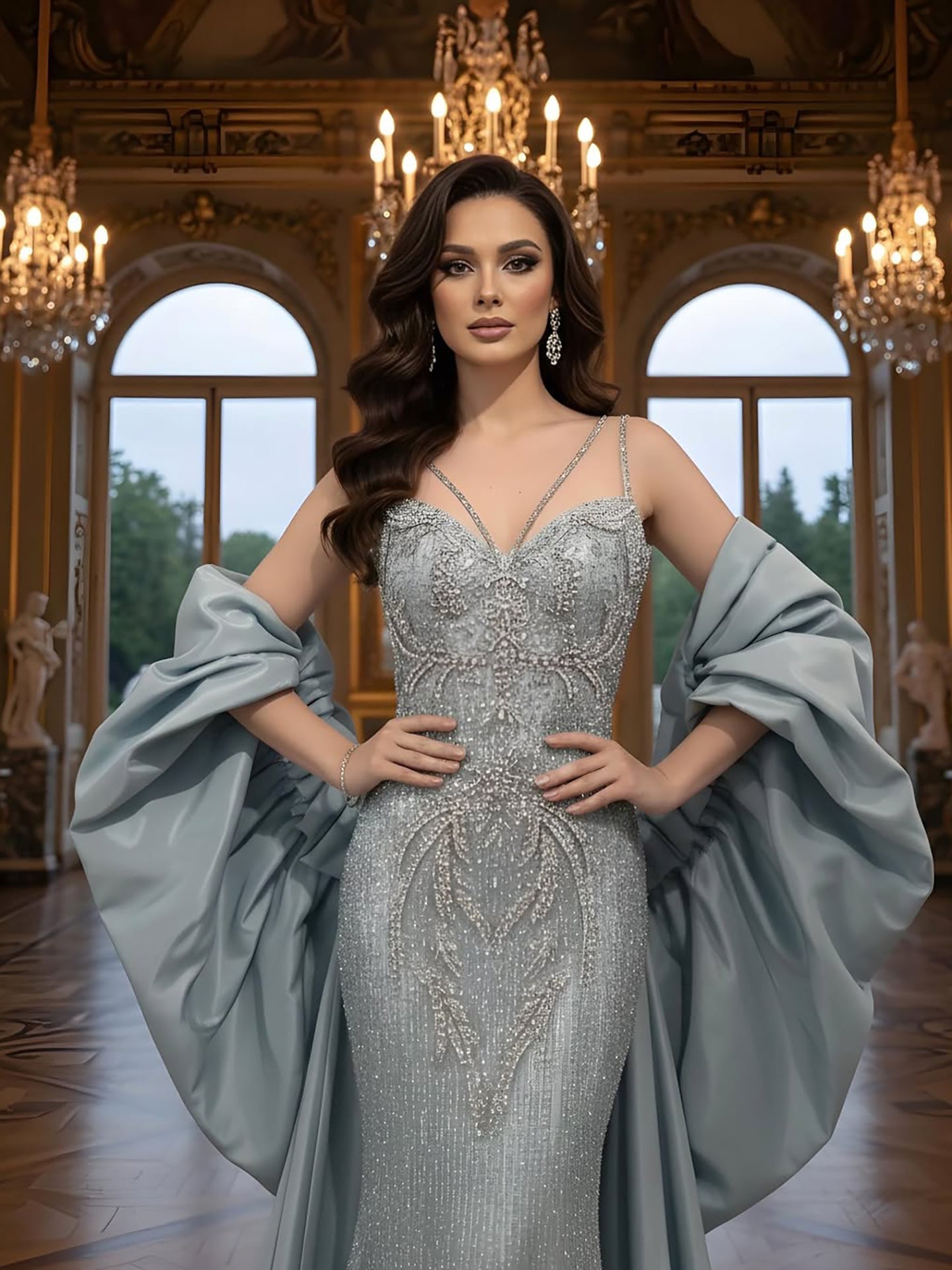 Luxury Turquoise Beaded Mermaid Evening Dress With Cape LA73582