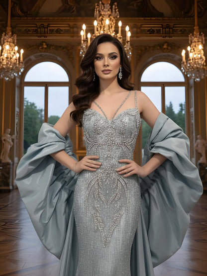 Luxury Turquoise Beaded Mermaid Evening Dress With Cape LA73582