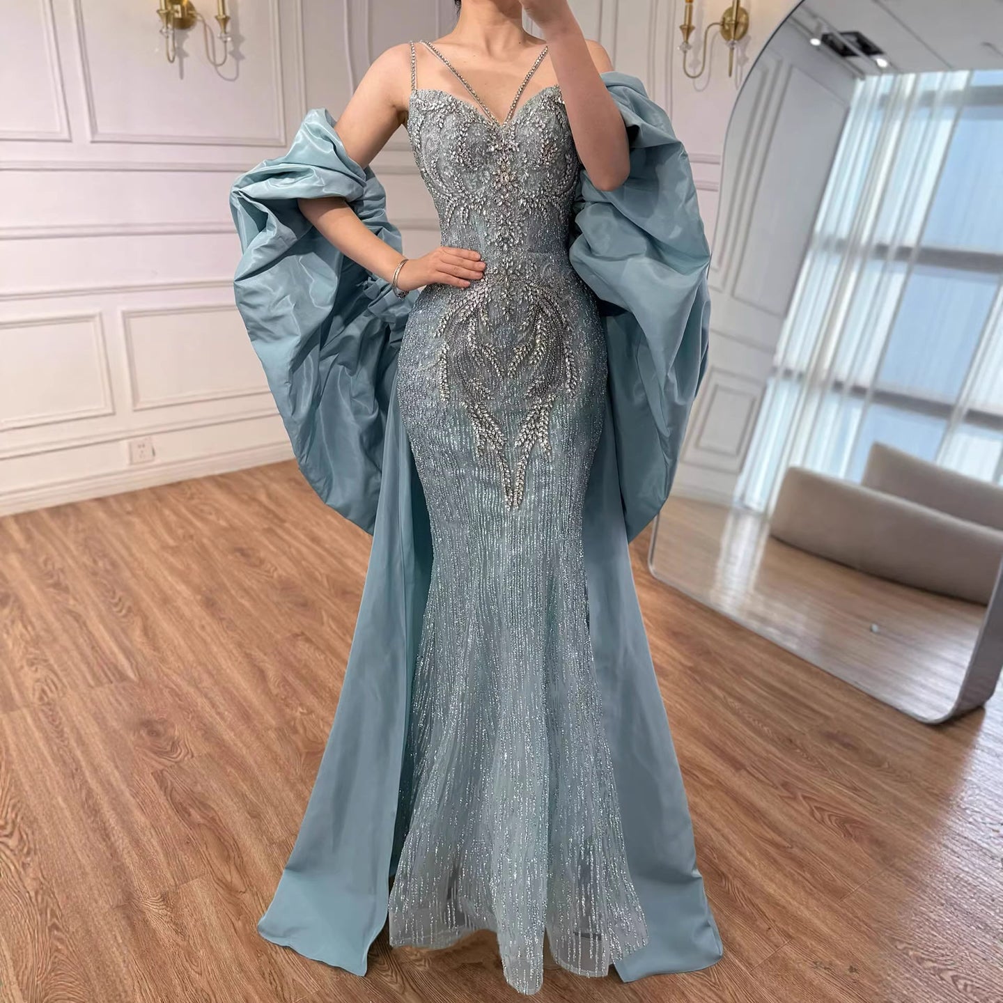 Luxury Turquoise Beaded Mermaid Evening Dress With Cape LA73582