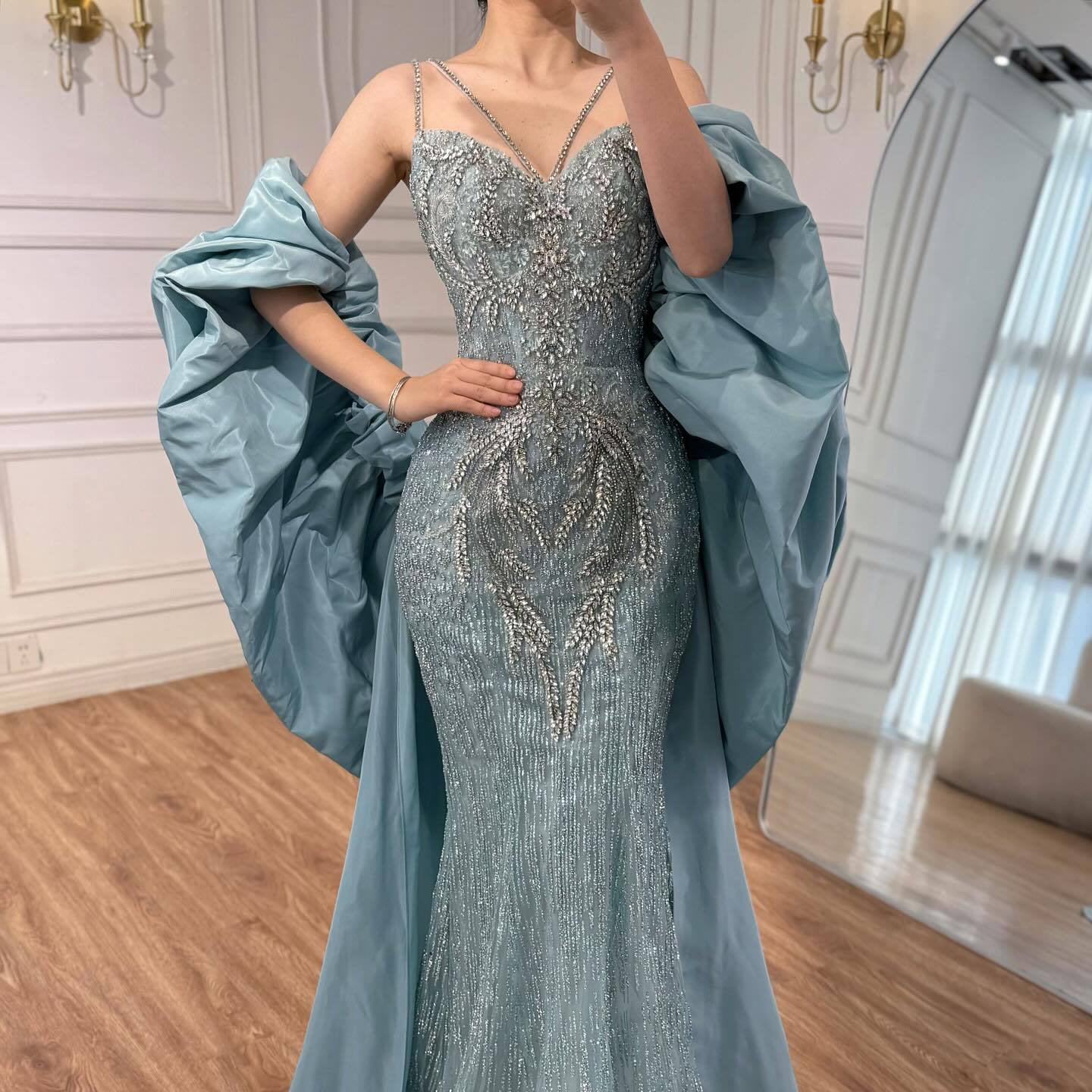 Luxury Turquoise Beaded Mermaid Evening Dress With Cape LA73582