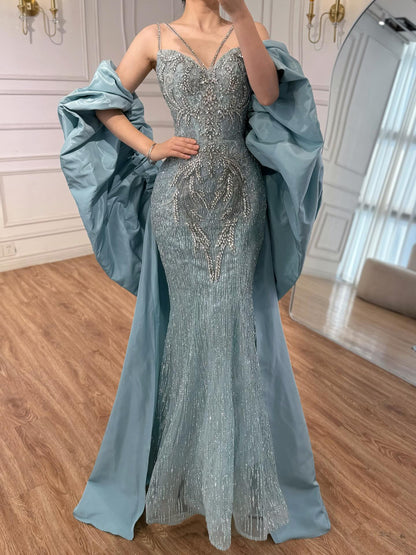 Luxury Turquoise Beaded Mermaid Evening Dress With Cape LA73582