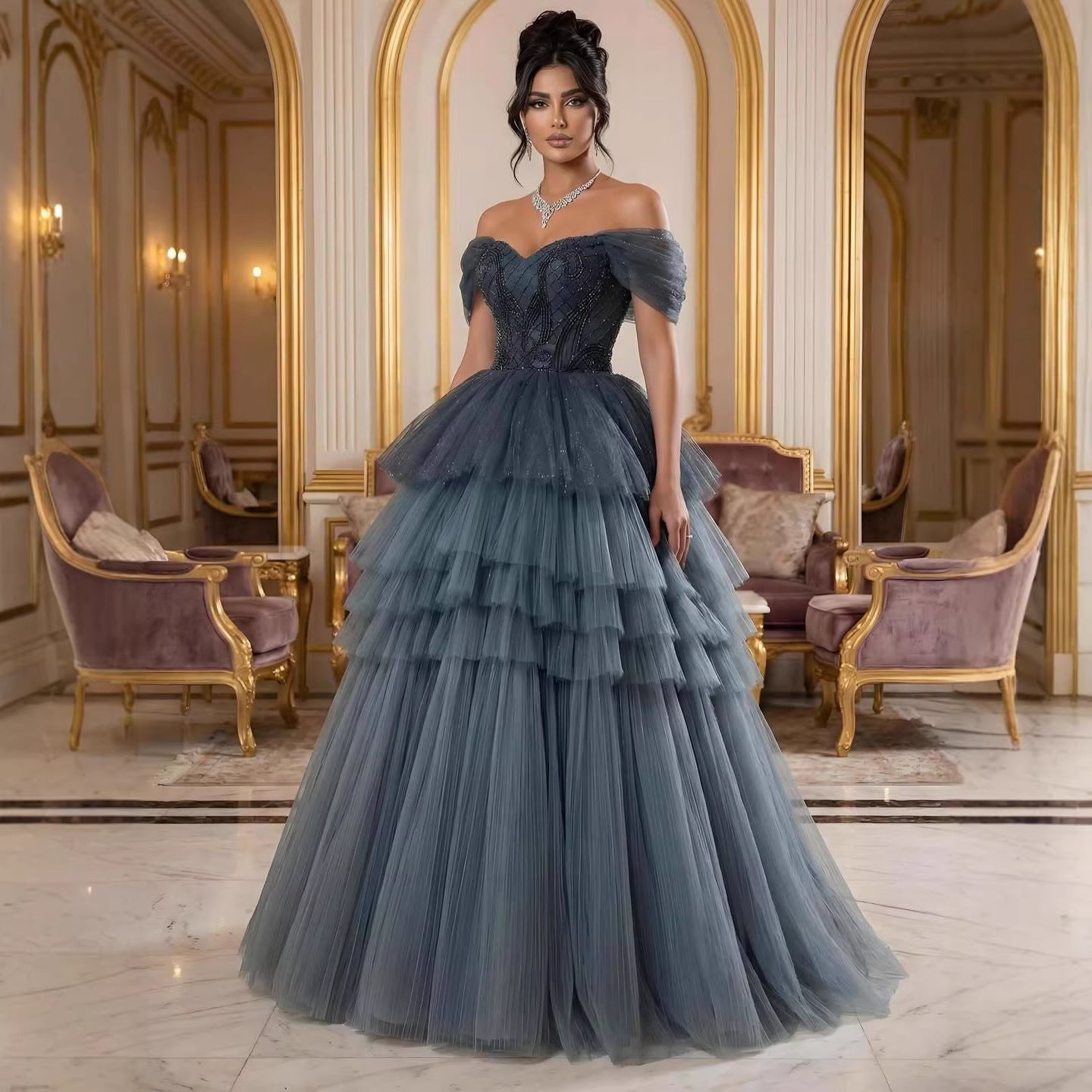 Luxury Blue Beaded Off Shoulder A Line Tiered Tulle Evening Dress LA73583