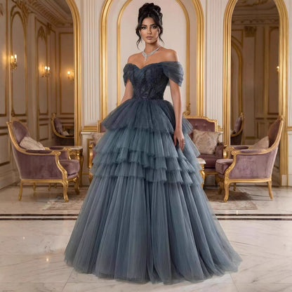 Luxury Blue Beaded Off Shoulder A Line Tiered Tulle Evening Dress LA73583