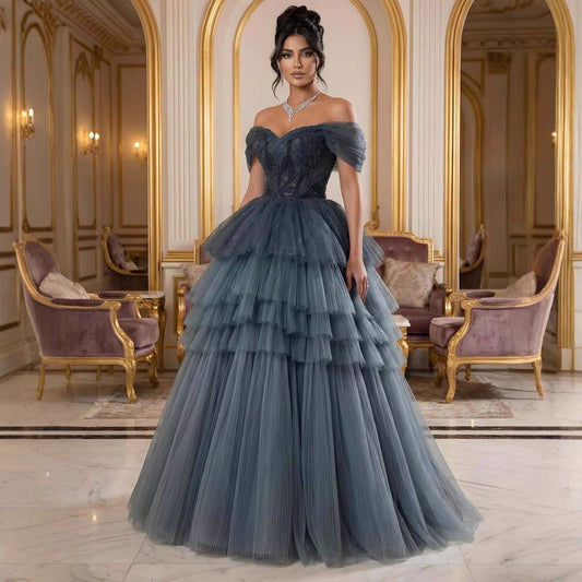 Luxury Blue Beaded Off Shoulder A Line Tiered Tulle Evening Dress LA73583