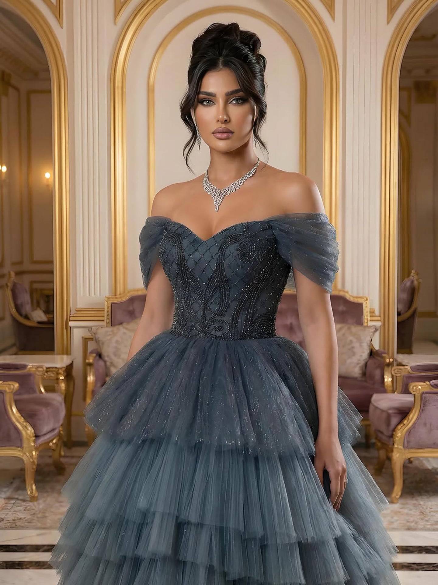 Luxury Blue Beaded Off Shoulder A Line Tiered Tulle Evening Dress LA73583