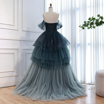 Luxury Blue Beaded Off Shoulder A Line Tiered Tulle Evening Dress LA73583