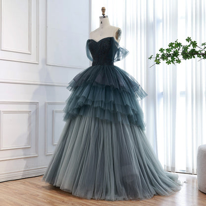 Luxury Blue Beaded Off Shoulder A Line Tiered Tulle Evening Dress LA73583