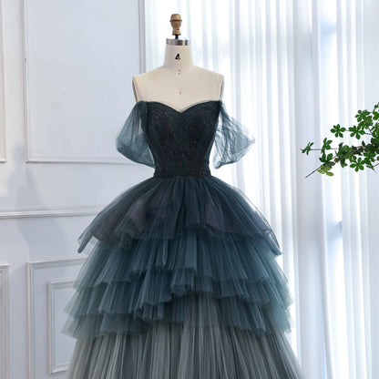 Luxury Blue Beaded Off Shoulder A Line Tiered Tulle Evening Dress LA73583