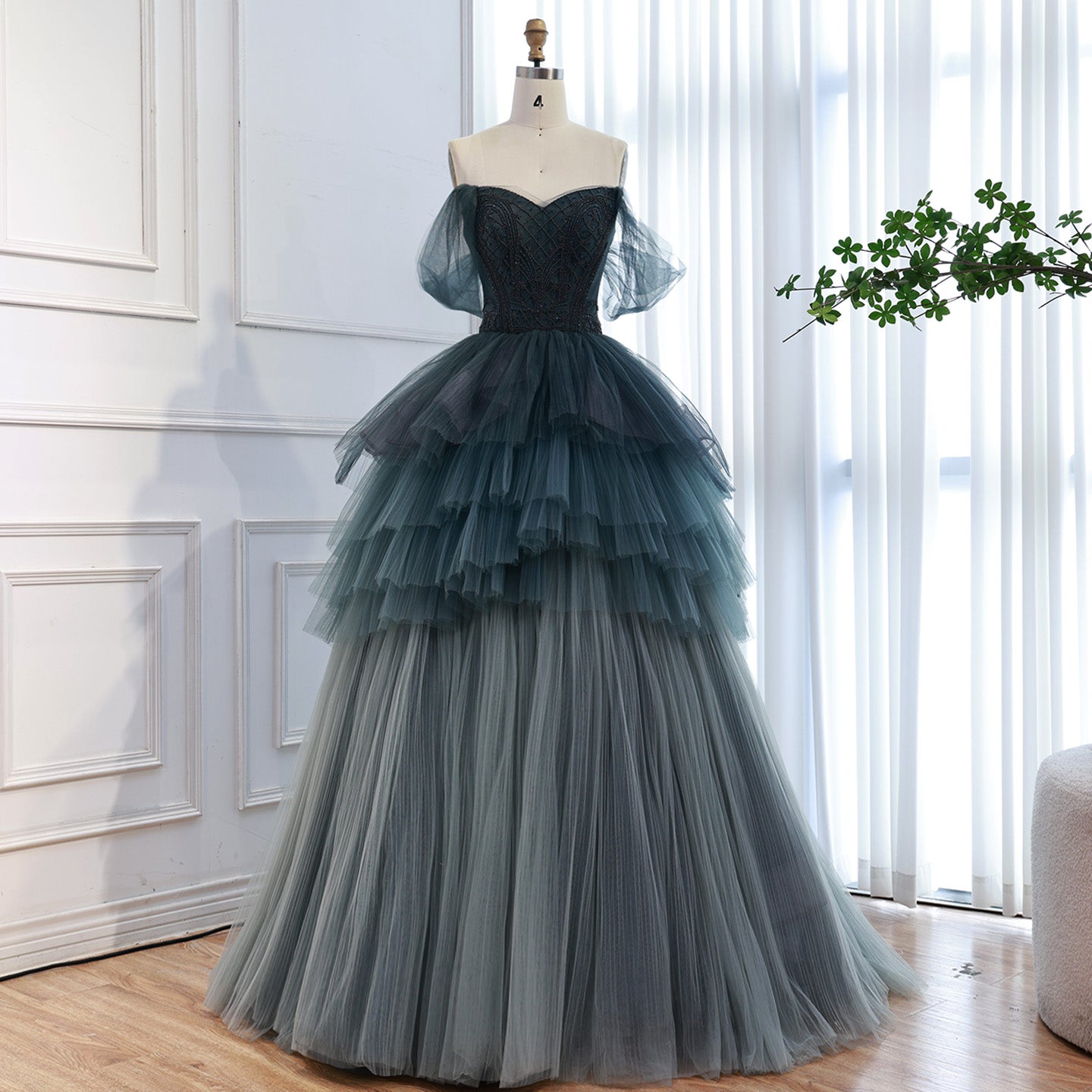 Luxury Blue Beaded Off Shoulder A Line Tiered Tulle Evening Dress LA73583
