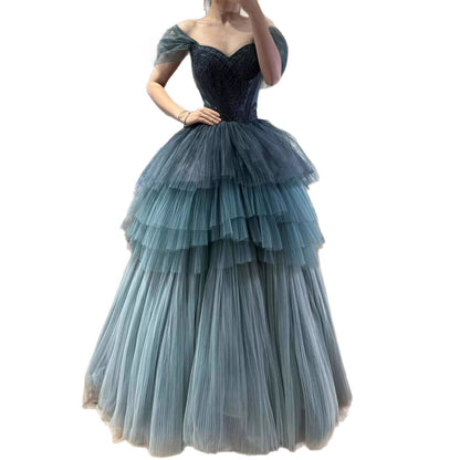 Luxury Blue Beaded Off Shoulder A Line Tiered Tulle Evening Dress LA73583