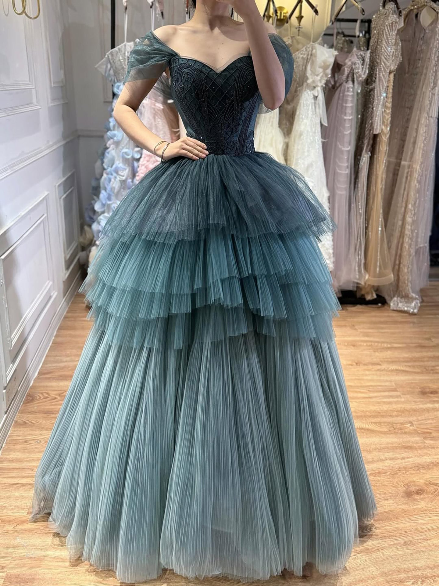 Luxury Blue Beaded Off Shoulder A Line Tiered Tulle Evening Dress LA73583