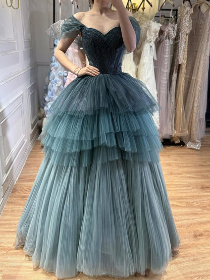 Luxury Blue Beaded Off Shoulder A Line Tiered Tulle Evening Dress LA73583