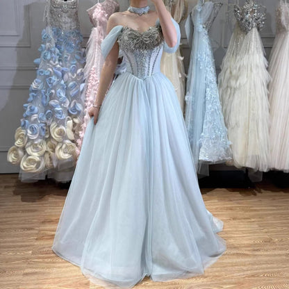 Luxury Blue A Line Beaded Evening Dress For Formal Occasion LA73584