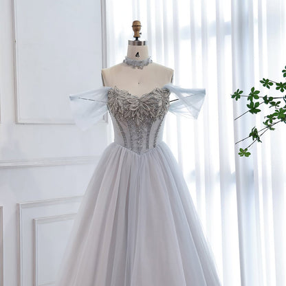 Luxury Blue A Line Beaded Evening Dress For Formal Occasion LA73584