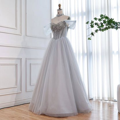 Luxury Blue A Line Beaded Evening Dress For Formal Occasion LA73584