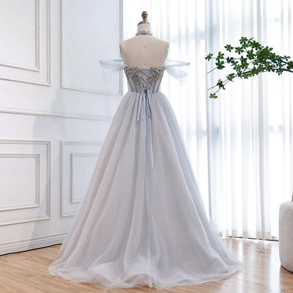 Luxury Blue A Line Beaded Evening Dress For Formal Occasion LA73584